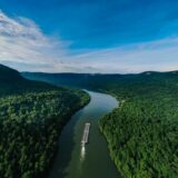 aerial photography of a boat on a waterway in the middle of forest