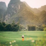 back view of a person standing on a vast green grass field